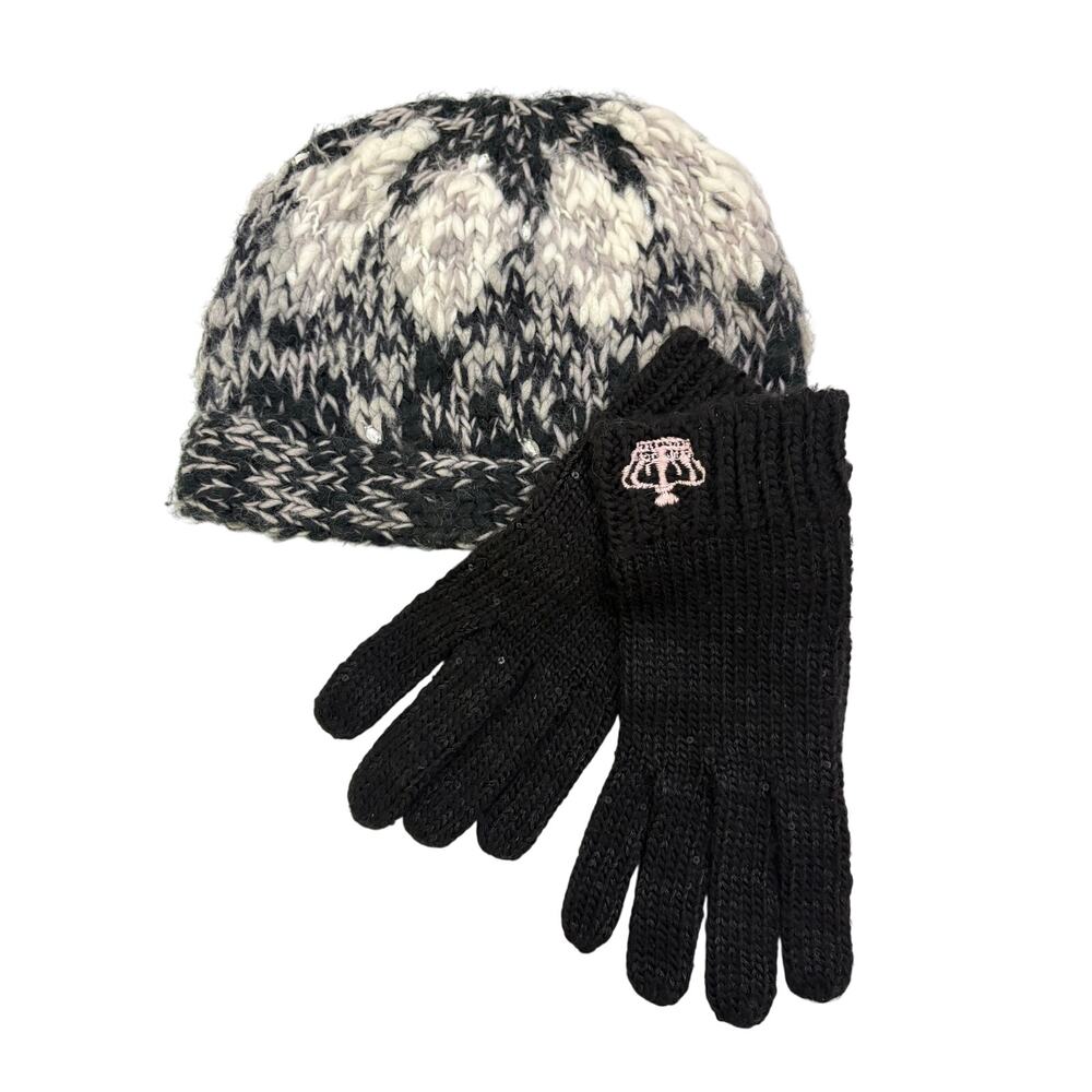 2 Piece Lot Womens BKE Beanie & Juicy Couture Gloves Black, Gray, and White